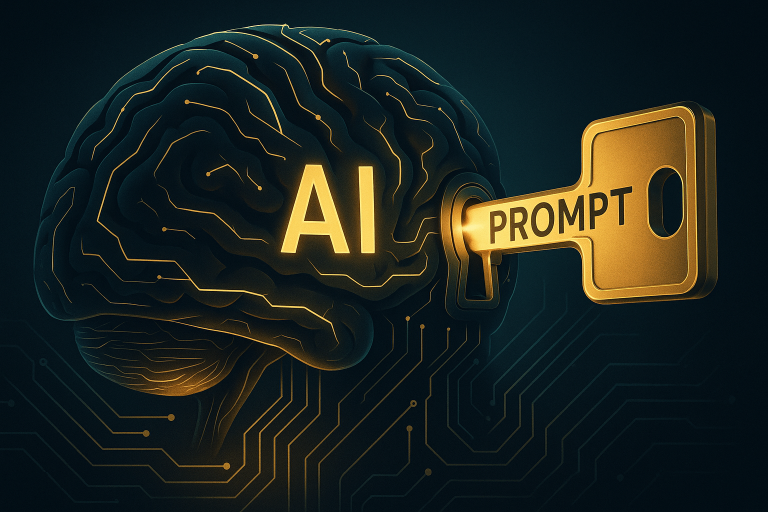 Cerebro digital con letras AI y llave dorada etiquetada PROMPT insertada, sobre fondo de patrones de circuitos