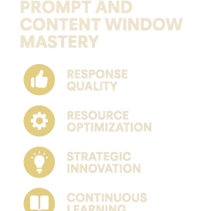 Íconos que representan calidad de respuesta, optimización de recursos, innovación estratégica y aprendizaje continuo en IA
