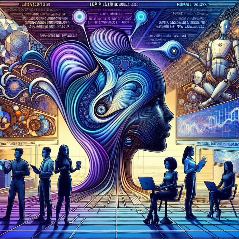 Representación artística de una cara humanoide estilizada integrada con diseños abstractos y personas usando dispositivos digitales