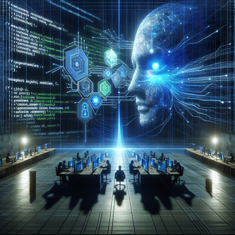 Pantalla holográfica con rostro humano digitalizado y código, con personas trabajando en estaciones informáticas en un entorno tecnológico