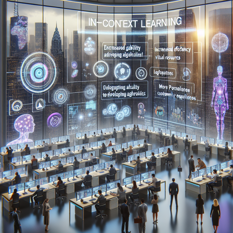 Personas trabajando frente a una pared digital con gráficos holográficos y textos sobre In-Context Learning en un ambiente moderno