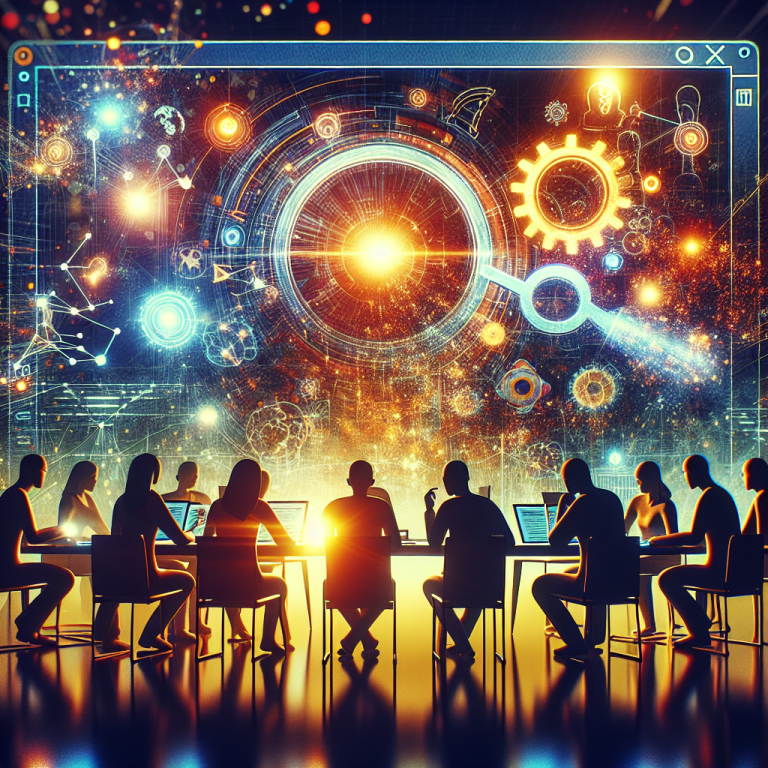 Personas colaborando en mesa de trabajo con laptops y pantalla digital futurista con gráficos abstractos