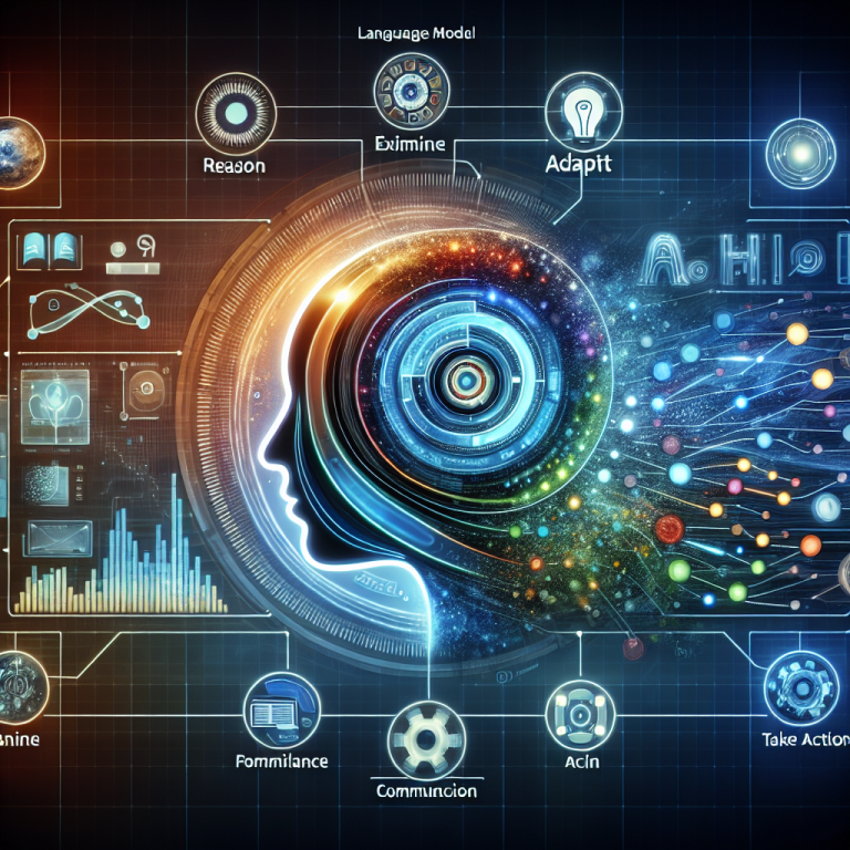Perfil de cabeza humana estilizada con circuitos y nodos interconectados mostrando acciones REACT en IA