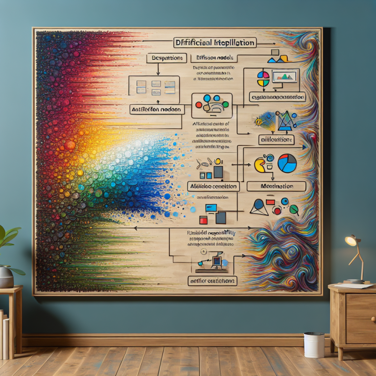 Pared con pintura abstracta en gradiente rojo-azul a la izquierda y elementos de diagrama de flujo técnicos a la derecha
