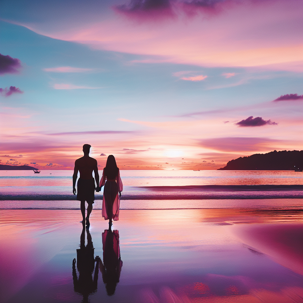 Pareja caminando de la mano en la playa durante un atardecer con cielo rosa, naranja y púrpura