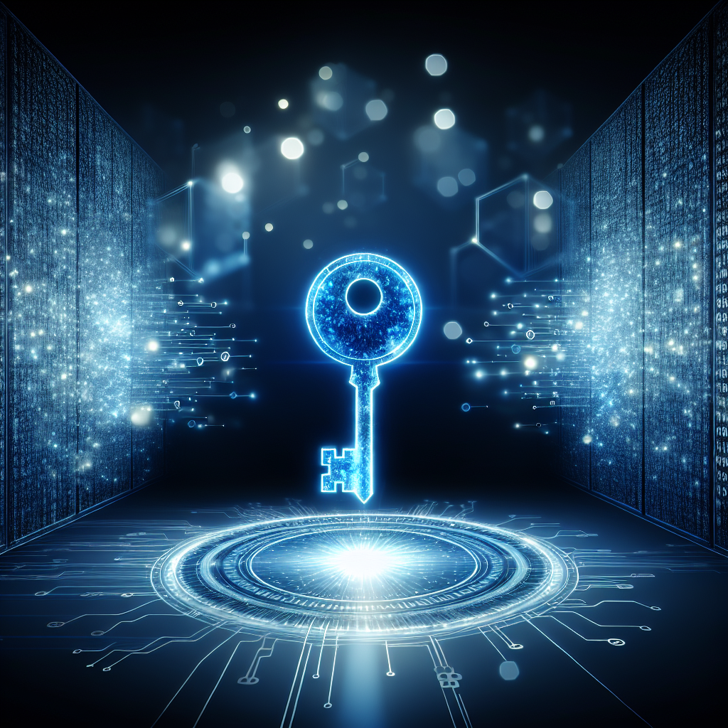 Llave digital luminosa en entorno virtual con códigos binarios y redes digitales