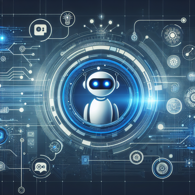 Imagen de un robot futurista con circuitos y símbolos tecnológicos en colores azul y blanco