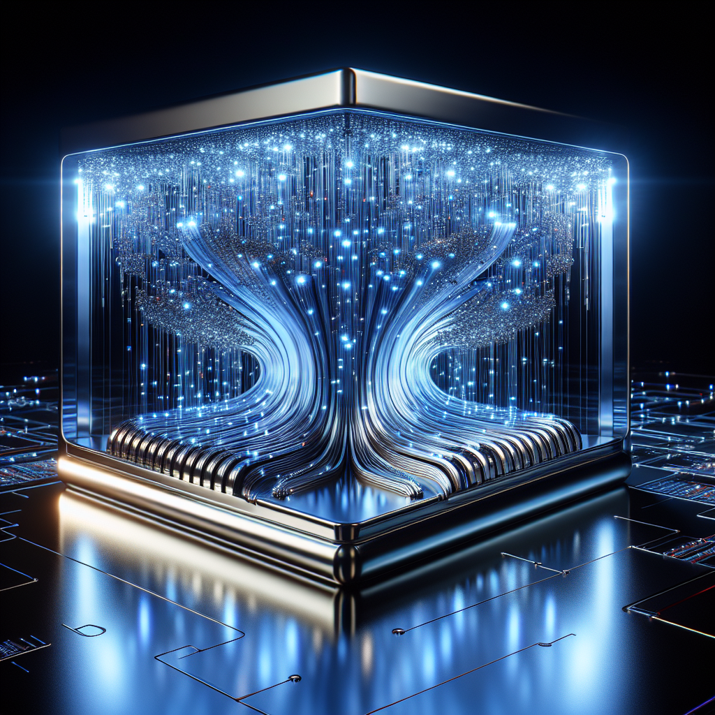 Cubículo transparente con circuitos azules luminosos en estructura arbórea sobre fondo de circuitos digitales
