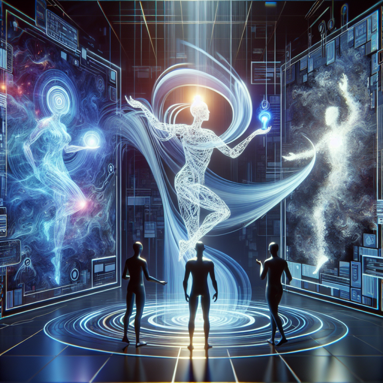 Figura luminosa interactuando en entorno digital con dos siluetas observando paneles tecnológicos azules